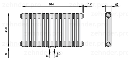 Схема (чертеж) Радиатор Zehnder Charleston 2045/14 №3470 Белый глянцевый RAL 9016